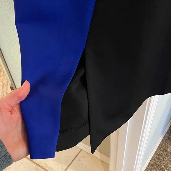 Maggy London Asymmetrical Midi Dress in Black and Blue - Picture 2 of 6